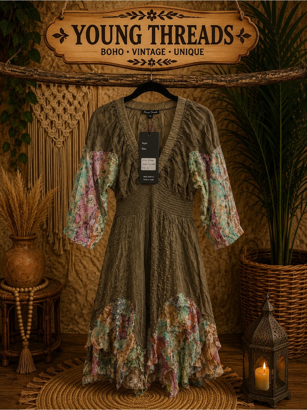 Young Threads Olive Green Midi Dress with Floral Panels